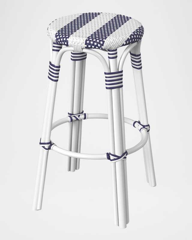 Tobias 30" Rattan Bar Stool, White/Navy Stripe